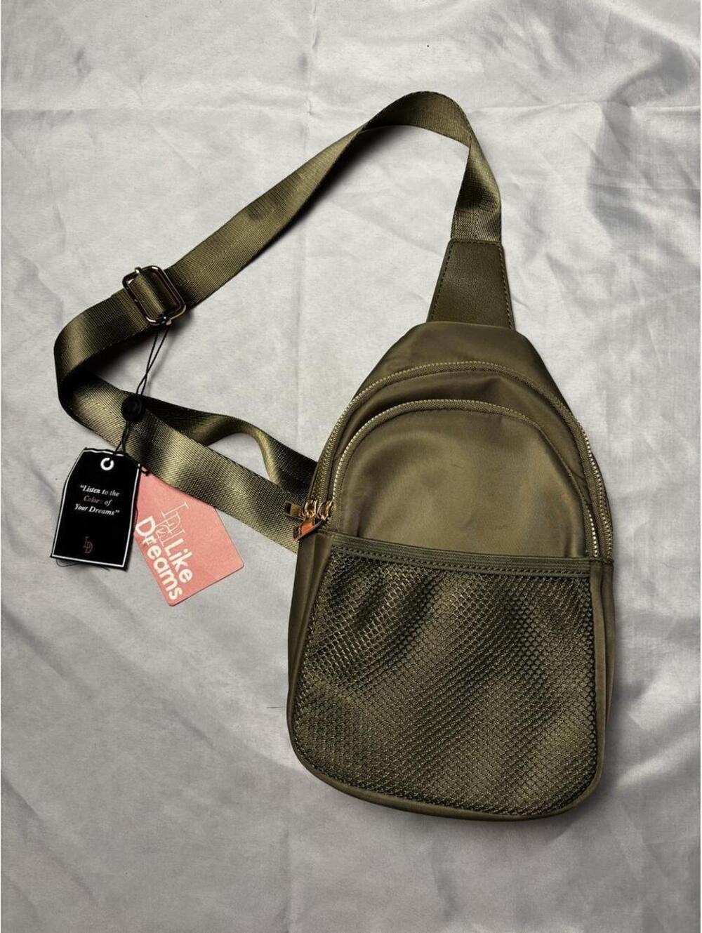 I Feel Like Dreams Olive Green Crossbody Sling Bag with Mesh